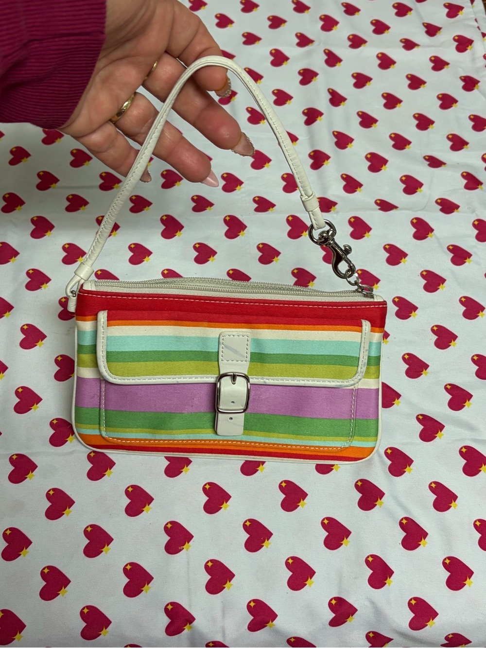 Gorgeous Coach Hamptons rainbow striped canvas wristlet with white leather trim